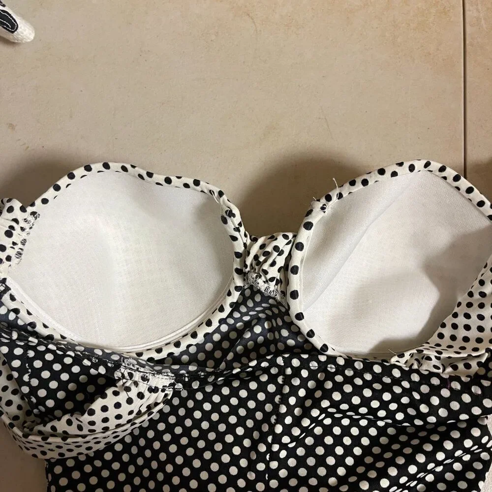 Vintage Retro Style Swimwear Black & White Polka Dot One Piece Small